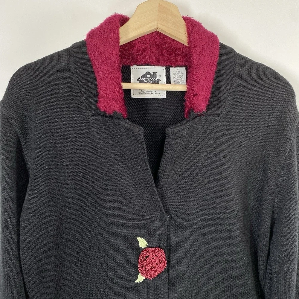 Storybook Knits Women's Rose Crochet Cuff Boho Button Front Cardigan Small Black